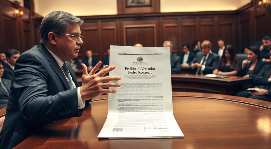 A formal indoor setting depicting a city council meeting room with a focus on a document titled "Pedido do Vereador Pedro Rousseff" placed prominently on a polished wooden table. In the foreground, a well-dressed city councilor passionately gesturing while discussing matters of justice, reflecting intensity and concern. In the middle background, other council members listen attentively, some taking notes, showcasing a diverse group of individuals in professional attire. The lighting is warm and focused, highlighting the document and the speaker, creating a serious and contemplative atmosphere. The camera angle is slightly elevated, providing a comprehensive view of the dynamic interaction within the council chamber. The image captures the essence of civic engagement and the critical nature of the discussions surrounding justice and equality.
