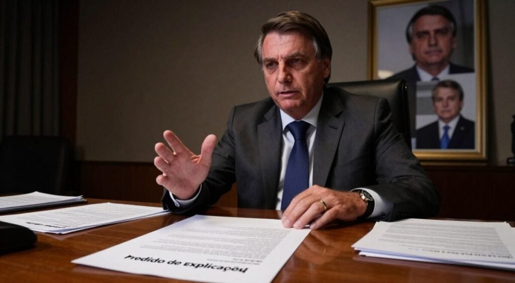 A formal indoor setting featuring Carlos Bolsonaro, a middle-aged man with short dark hair and a serious expression, dressed in a tailored suit, sitting at a polished wooden desk scattered with papers and documents. In the foreground, a large document labeled “Pedido de Explicações” is prominently displayed. The middle ground includes a somber atmosphere, with dim, focused lighting highlighting Carlos as he gestures emphatically, conveying urgency and determination. In the background, a framed photo of Jair Bolsonaro can be seen on the wall, subtly reinforcing the family connection. The overall tone is tense, reflecting the seriousness of the situation, with shadows adding depth and drama to the scene. Soft lens blur enhances the focus on Carlos, emphasizing his role in seeking answers.