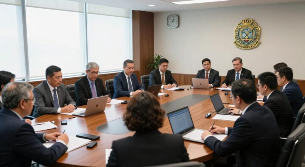 A formal meeting room within a government building, featuring a large oval table surrounded by professionals in business attire, engaged in discussions. In the foreground, a diverse group of individuals consults documents and laptops, showcasing a sense of urgency and focus. The middle ground includes a large window allowing natural light to pour in, illuminating the sleek decor and highlighting an emblem of the Tribunal de Contas da União (TCU) on the wall. In the background, soft shadows suggest the weight of serious deliberations, while a clock shows the time, symbolizing the importance of timely decisions. The atmosphere is tense yet professional, reflecting a critical moment in governmental oversight. The image has soft lighting that enhances the serious and formal mood of the scene.