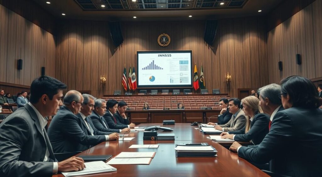 A formal parliamentary inquiry setting focused on the investigation of the INSS. In the foreground, a diverse group of serious, professional individuals in business attire—men and women—are sitting around an official conference table, with files and documents spread out in front of them. In the middle ground, a large screen displays charts and statistics related to the INSS, framed by flags and emblems symbolizing government authority. The background shows a spacious governmental hall with high ceilings, muted lighting, and rows of seats. The atmosphere is tense and focused, with an emphasis on serious discussions and scrutiny. The scene is illuminated with soft, overhead lighting to enhance the gravity of the situation, captured from a slightly low angle to convey prominence and importance.