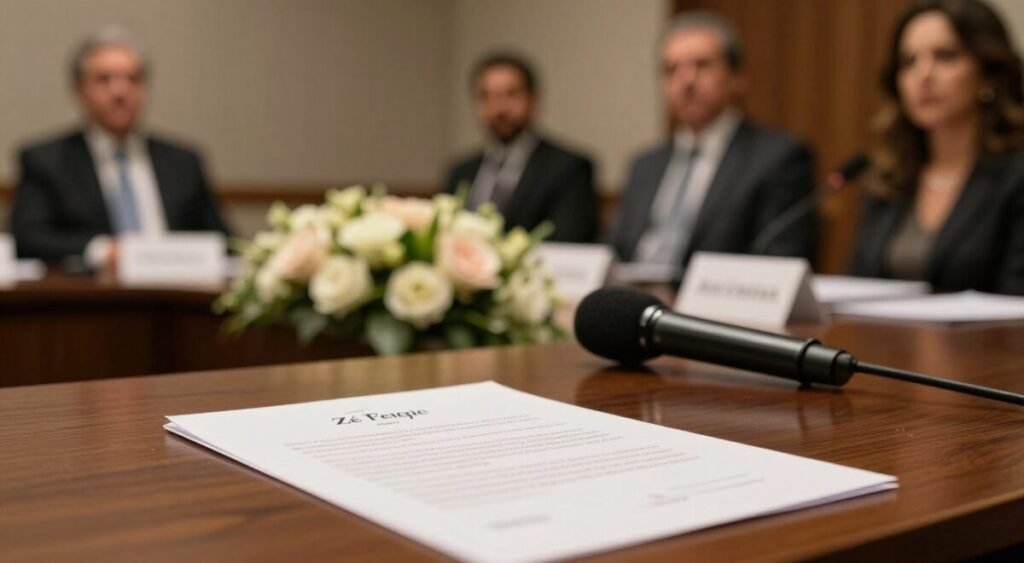 A formal public announcement scene depicting a sophisticated press conference table adorned with flowers and microphones, symbolizing Zé Felipe and Ana Castela's closure of their relationship. In the foreground, a neatly folded paper with an elegant design lies on the table, emphasizing the seriousness of the communiqué. In the middle ground, a blurred backdrop of a softly lit conference hall, with muted colors to create a somber yet respectful atmosphere. The lighting is soft and warm, focusing subtly on the table, giving it an inviting glow. The angle should be slightly elevated, capturing the essence of professionalism without featuring people, reflecting the tone and message of the artists’ announcement. A formal public announcement scene depicting a sophisticated press conference table adorned with flowers and microphones, symbolizing Zé Felipe and Ana Castela's closure of their relationship. In the foreground, a neatly folded paper with an elegant design lies on the table, emphasizing the seriousness of the communiqué. In the middle ground, a blurred backdrop of a softly lit conference hall, with muted colors to create a somber yet respectful atmosphere. The lighting is soft and warm, focusing subtly on the table, giving it an inviting glow. The angle should be slightly elevated, capturing the essence of professionalism without featuring people, reflecting the tone and message of the artists’ announcement.