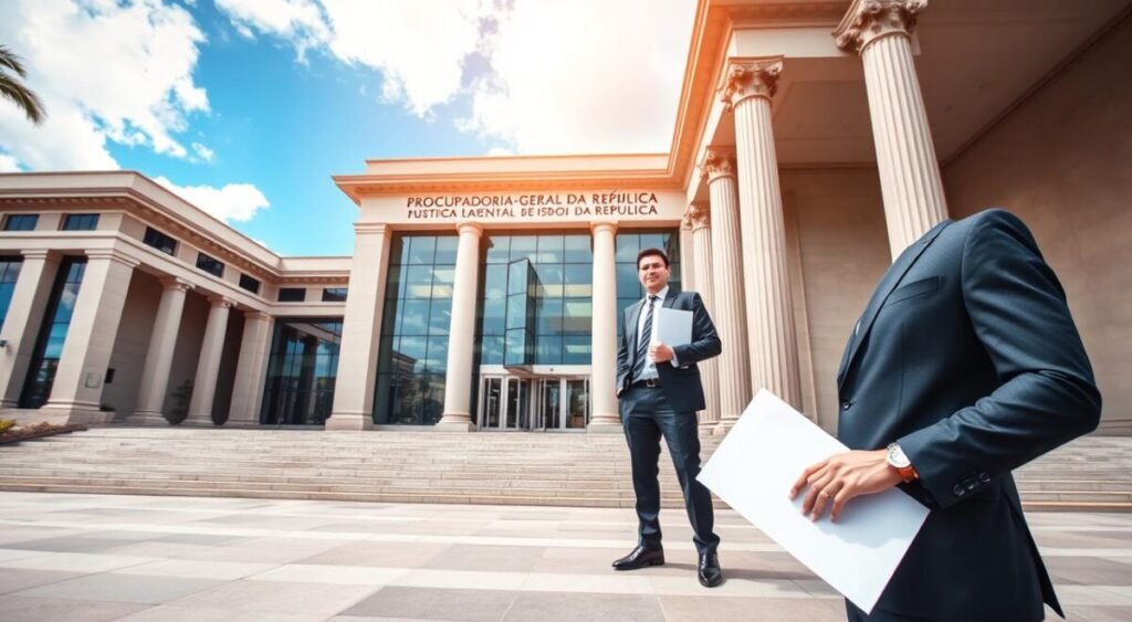 A grand view of the Procuradoria-Geral da República building, showcasing its impressive architecture with large columns and a modern façade, symbolizing justice and authority. In the foreground, a well-dressed professional, in a tailored suit, holding legal documents, exudes confidence and determination. The middle ground features the entrance to the building, with subtle reflections in glass panels, while the background reveals a clear blue sky and soft clouds, creating a sense of optimism. The lighting should be bright and natural, highlighting the structure's details. The mood is serious yet hopeful, emphasizing the pivotal role of the PGR in the political landscape. No text or overlays.