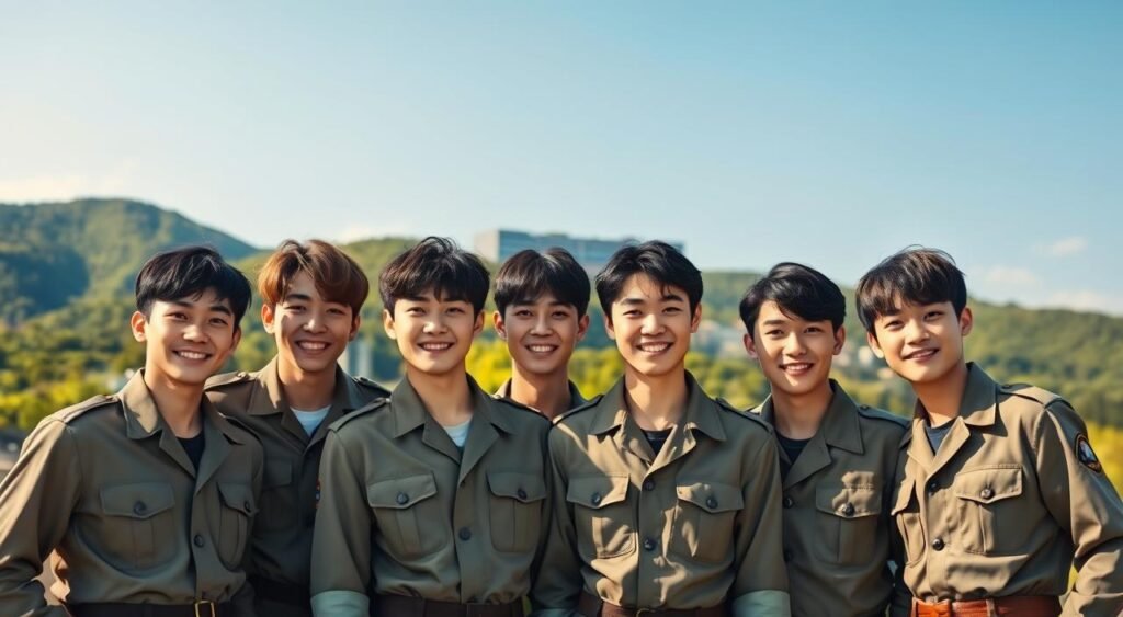A group of seven members of a popular South Korean boy band, dressed in smart casual military-style uniforms, standing together proudly, reflecting a sense of unity and camaraderie after completing their mandatory military service. The foreground features the members smiling warmly, with a backdrop of lush green hills and a clear blue sky, symbolizing a fresh start. In the middle ground, a military barracks can be faintly seen, representing their past experience. Soft, warm lighting illuminates their faces, creating an inviting and celebratory atmosphere. The angle is slightly elevated, presenting them as heroic figures, conveying a sense of accomplishment and joy in their reunion. The overall mood is uplifting and filled with hope, capturing a significant moment in their journey.