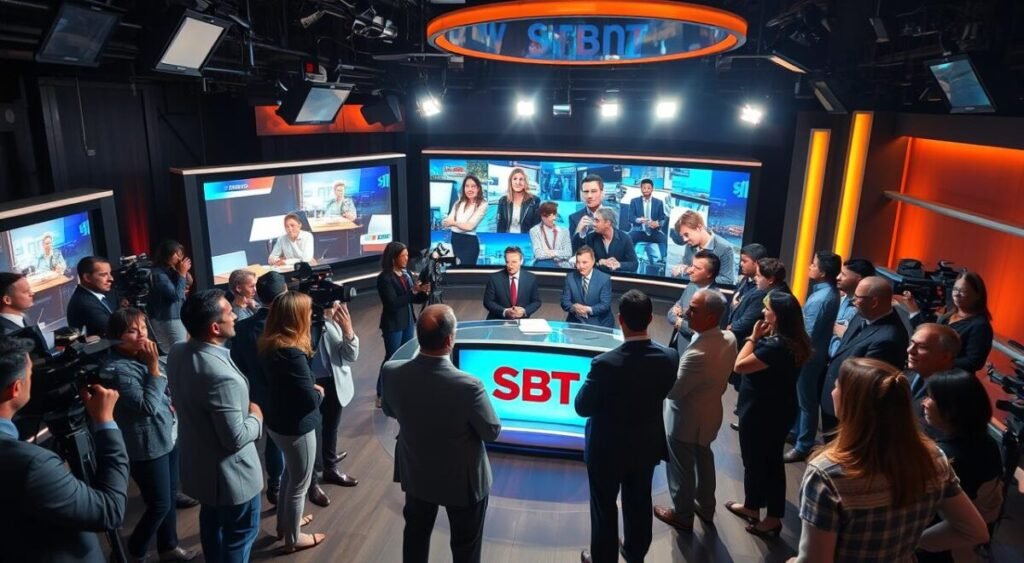 A lively newsroom scene showcasing the launch event of SBT News. In the foreground, a diverse group of well-dressed journalists and media professionals stand engaged in animated discussion, showcasing enthusiasm and anticipation. They are surrounded by modern broadcast equipment, including cameras and microphones. In the middle ground, a sleek, high-tech news desk is adorned with the SBT News logo, while large screens display dynamic visuals related to current news stories. The background features a stylish, contemporary studio lit with bright, warm lighting, creating an inviting atmosphere. The mood is energetic and professional, conveying a sense of excitement and professionalism that's characteristic of a major news launch. The scene is shot from a slightly elevated angle, emphasizing the bustling activity in the room.