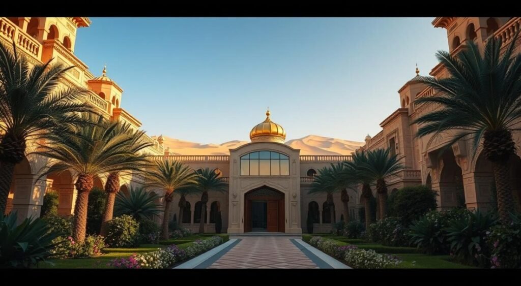 A luxurious mansion in Saudi Arabia, showcasing intricate Arabian architecture and opulent design elements. In the foreground, a beautifully landscaped garden adorned with lush palms and blooming flowers, leading up to an impressive grand entrance with ornate wooden doors. The middle ground features the mansion itself, with golden domes, exquisite stone carvings, and large glass windows reflecting the sunlight. The background displays a serene desert landscape under a clear blue sky, with distant sand dunes casting warm shadows. The scene is illuminated by soft, golden hour lighting, creating an inviting and tranquil atmosphere. Capture this scene with a wide-angle lens to emphasize the grandeur of the mansion and its surroundings.
