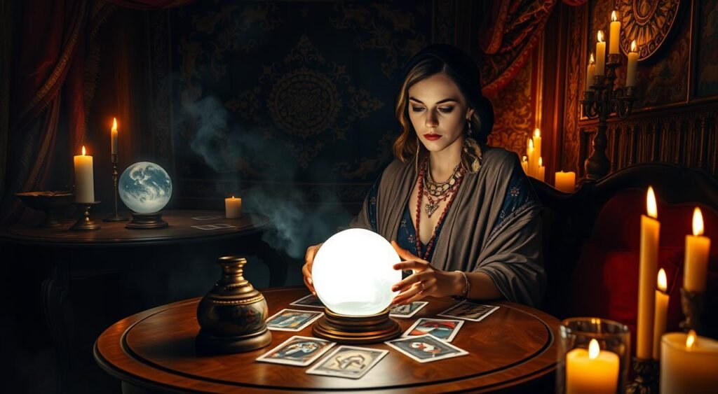 A mystical fortune teller (vidente) in a cozy, dimly-lit room filled with colorful fabrics and enchanting decor. She is seated at a round wooden table adorned with tarot cards and crystal balls, intently gazing into a glowing crystal ball that radiates soft light. In the background, a richly patterned tapestry and flickering candles cast warm shadows, enhancing the mysterious atmosphere. The fortune teller is dressed in professional attire, blending elegance with a hint of mystique, featuring a flowing shawl and layered jewelry. The mood is suspenseful, emphasizing focus and intrigue as she reveals sports predictions for soccer matches, symbolizing her skill in forecasting outcomes. The scene captures the essence of the connection between fortune-telling and sports betting, evoking curiosity among viewers.