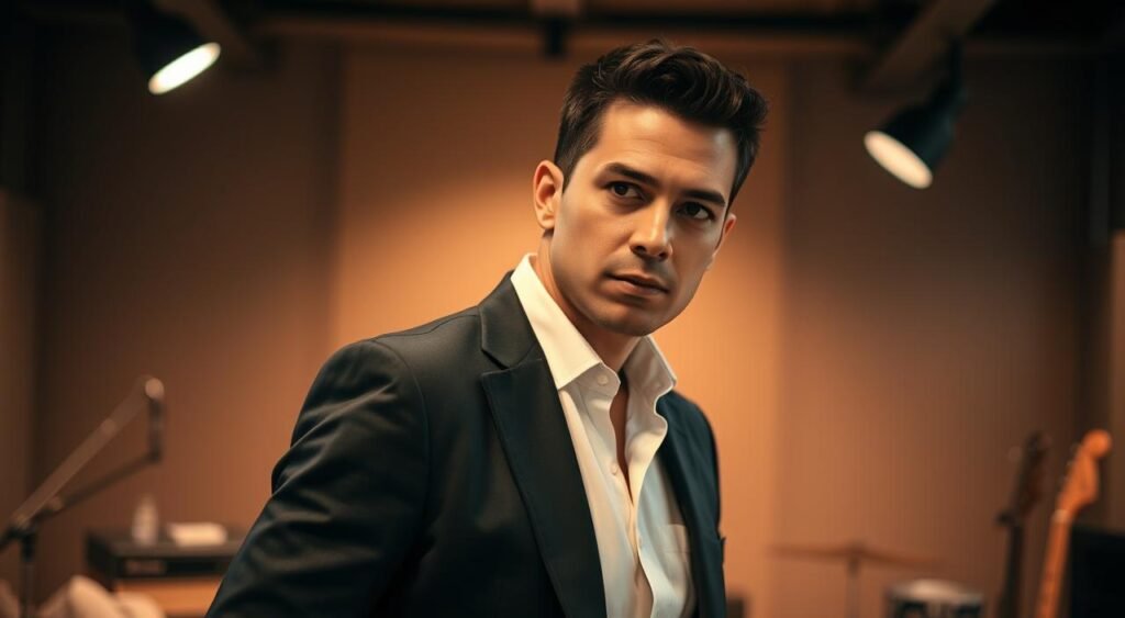 A portrait of Zezé Di Camargo, a prominent musician in Brazilian pop culture. He stands confidently in a professional business attire, featuring a tailored dark blazer and a crisp white shirt. His expression reflects a thoughtful and resolute demeanor, highlighting his character. The foreground captures him from the waist up, with a slight turn of his body to convey engagement. In the middle ground, a softly blurred setting reminiscent of a contemporary music studio, with instruments subtly placed, adds context without distraction. The background features warm ambient lighting that creates a cozy atmosphere, while a hint of depth draws the viewer’s eye forward. The overall mood conveys seriousness and introspection, fitting for a discussion surrounding public statements and criticisms.