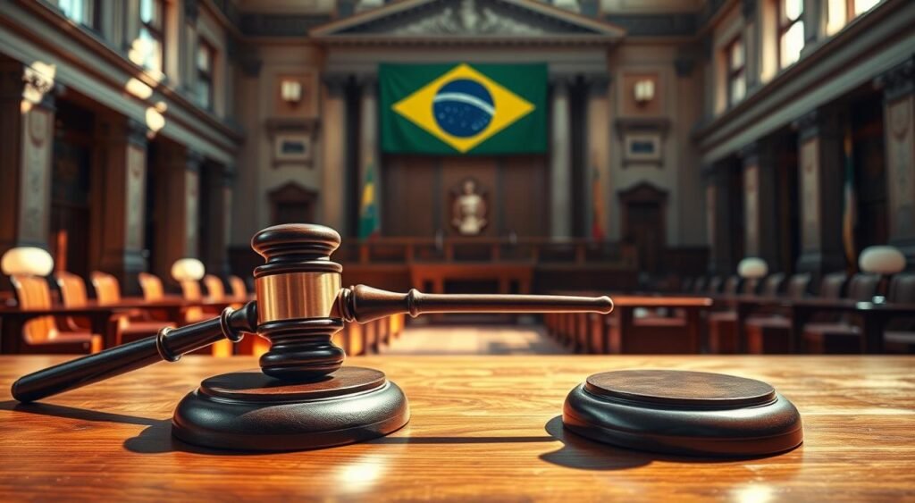 A powerful image depicting a symbolic representation of impeachment against the backdrop of the Brazilian political landscape. In the foreground, a large, solemn gavel is placed on a polished wooden desk, signifying justice and decision-making. The middle ground features a grand, classical legislative chamber with elegant columns and detailed architecture, suggesting the Brazilian Senate. The background shows subtle hints of the Brazilian flag in soft focus, conveying national significance. Natural lighting streams through large windows, casting dramatic shadows on the floor, creating a tense yet dignified atmosphere. The composition captures a moment of reflection on the political processes involved in impeachment, emphasizing seriousness and gravity without depicting individuals.