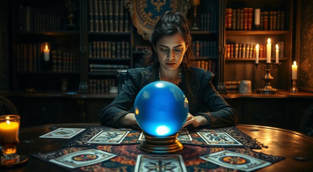A professional fortune-teller seated at an ornate wooden table, with mystical symbols and tarot cards spread out in front of her. In the foreground, a crystal ball sits at the center, glowing with a soft blue light, illuminating her focused expression. The middle ground features a richly decorated fabric draped over the table, adorned with celestial patterns. The background is dimly lit, with shelves filled with ancient books and candles casting flickering shadows on the walls. The atmosphere is serious yet mystical, evoking a sense of intrigue and anticipation. The scene is captured with a shallow depth of field, using a warm, inviting light that enhances the fortune-teller's professional attire and the magical ambiance of the room.