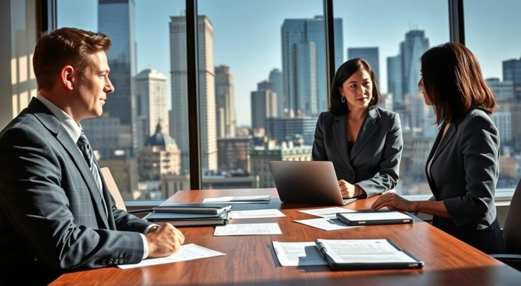 A professional office setting featuring two individuals in conversation, embodying the theme of important contacts. In the foreground, depict a middle-aged man and a woman, both in business attire, engaged in a discussion. The man has short brown hair, wears a navy suit, and appears confident, while the woman has shoulder-length black hair, wearing a tailored grey dress. In the middle, include a wooden conference table scattered with legal documents and a laptop, highlighting a professional atmosphere. In the background, through large windows, city skyscrapers are visible, suggesting a bustling urban environment during the day. The lighting is bright and natural, casting soft shadows that enhance the serious tone. The overall mood of the image conveys professionalism and the seriousness of high-level communications.