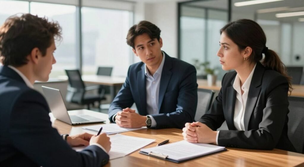 A professional office setting focused on a negotiation table, where two representatives are discussing transfer clauses related to a football player. The foreground features a polished wooden table with legal documents and a pen, symbolizing the negotiation of the transfer deal. In the middle ground, two business professionals, a man and a woman, are engaged in serious discussion, dressed in smart business attire, with expressions of determination and focus. The background is softly blurred, showcasing a modern office with large windows letting in natural light, casting soft shadows that enhance the atmosphere of seriousness. The scene conveys a mood of urgency and importance, highlighting the intricate details of transfer negotiations in sports.