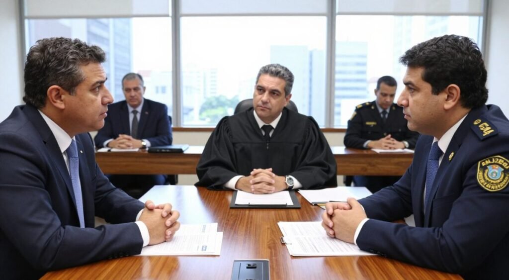 A professional setting depicting the interaction between representatives of the Banco Central, the Federal Police, and the Supreme Federal Court, all seated around a large conference table. In the foreground, two business professionals, one in a sharp suit representing the Banco Central and another in formal attire for the Federal Police, are engaged in a serious discussion, their expressions focused and concerned. In the middle, a man in a judicial robe representing the STF listens intently, with documents and financial reports spread out on the table. The room is well-lit with large windows showcasing a cityscape in the background, conveying urgency and collaboration. The mood is tense yet professional, reflecting the importance of the issues being deliberated. The image should be sharp, with a balanced composition and realistic details.
