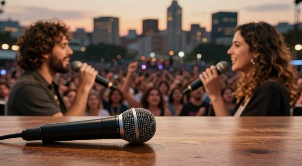 A split-screen image showcasing the contrasting careers of Zé Felipe and Ana Castela following their breakup. In the foreground, a close-up of a stage microphone resting on a shiny wooden surface, symbolizing their music careers. In the middle ground, a blurred image of a bustling concert crowd, filled with fans enjoying a performance, highlighting the impact of their music. In the background, a soft-focus city skyline at dusk, with warm lights twinkling against the night sky, conveying a sense of hope and new beginnings. The lighting is warm and inviting, creating a nostalgic yet optimistic mood, with a shallow depth of field to emphasize the foreground microphone and gently blur the crowd and skyline. A split-screen image showcasing the contrasting careers of Zé Felipe and Ana Castela following their breakup. In the foreground, a close-up of a stage microphone resting on a shiny wooden surface, symbolizing their music careers. In the middle ground, a blurred image of a bustling concert crowd, filled with fans enjoying a performance, highlighting the impact of their music. In the background, a soft-focus city skyline at dusk, with warm lights twinkling against the night sky, conveying a sense of hope and new beginnings. The lighting is warm and inviting, creating a nostalgic yet optimistic mood, with a shallow depth of field to emphasize the foreground microphone and gently blur the crowd and skyline.