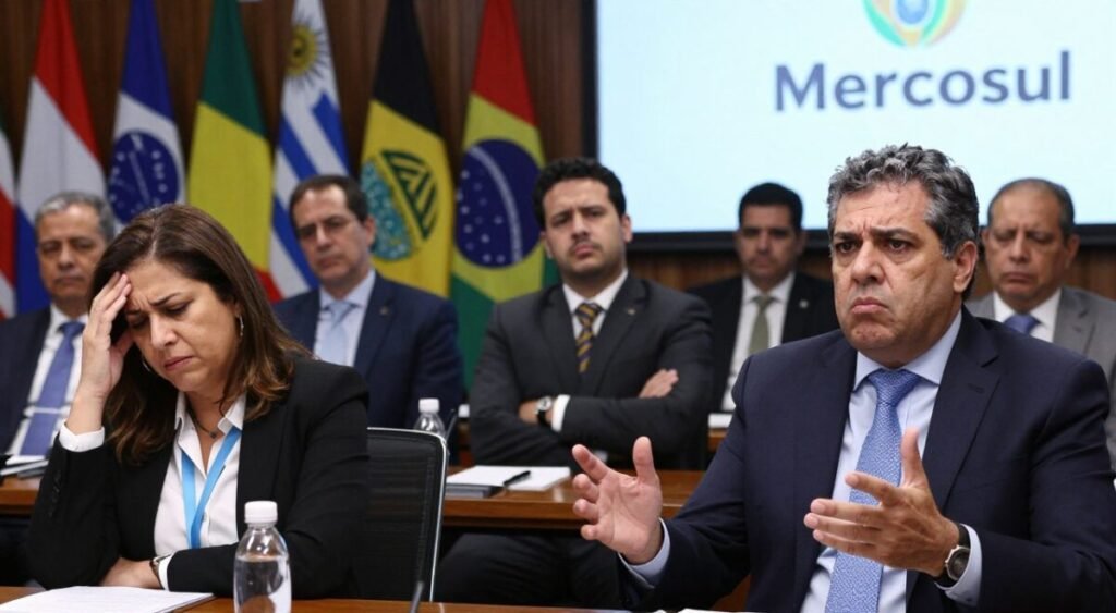 A tense meeting room filled with diverse leaders from South American countries, showcasing expressions of frustration and concern. In the foreground, a middle-aged man in a suit representing Brazil gestures with his hands, showing urgency. Next to him, a woman in business attire from Argentina shakes her head in disagreement. In the middle ground, other leaders, including a younger man in a suit from Uruguay, look uneasy, with crossed arms and furrowed brows. The background features flags of Mercosul countries and a large screen displaying the Mercosul logo. The lighting is dim with a spotlight on the leaders, creating a serious atmosphere, capturing a moment of discontent during a significant summit.