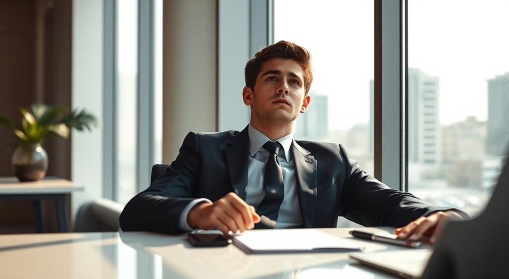 A thoughtful and contemplative scene in a modern office setting, featuring a young male athlete, Léo Pereira, dressed in professional business attire, sitting at a sleek, minimalist desk. He gazes out of a large window, reflecting a sense of silence and introspection. The room is well-lit with soft, diffused natural light pouring in, creating a warm atmosphere. In the background, cityscape elements can be seen, hinting at his connection to Flamengo. The image conveys a mood of uncertainty and introspection, capturing the essence of Léo's absence of public response. The camera angle is slightly above eye level, focusing on his pensive expression, emphasizing the gravity of the situation.