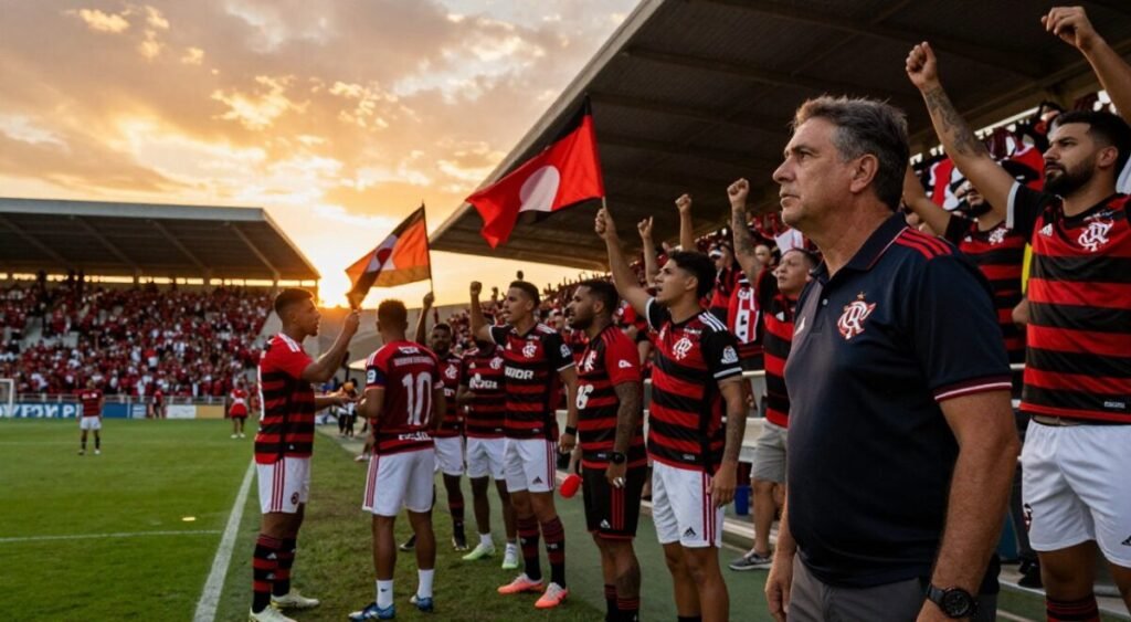 A vibrant scene capturing "pressão da torcida," with a packed stadium filled with enthusiastic fans wearing Flamengo jerseys, passionately cheering and waving flags, creating an electric atmosphere. In the foreground, a dedicated coach, dressed in professional sports attire, stands at the sidelines, gazing intently at the pitch, embodying determination and focus. The middle ground showcases players on the field, strategizing together, their expressions a mix of excitement and pressure, reflecting the weight of expectations. The background reveals a vivid sunset casting golden hues over the stadium, enhancing the intensity of the moment. The lighting highlights the emotional energy, with intense contrasts between shadows and bright fan colors. The overall mood is a mix of anticipation and psychological intensity, emphasizing the support and pressure from fans.