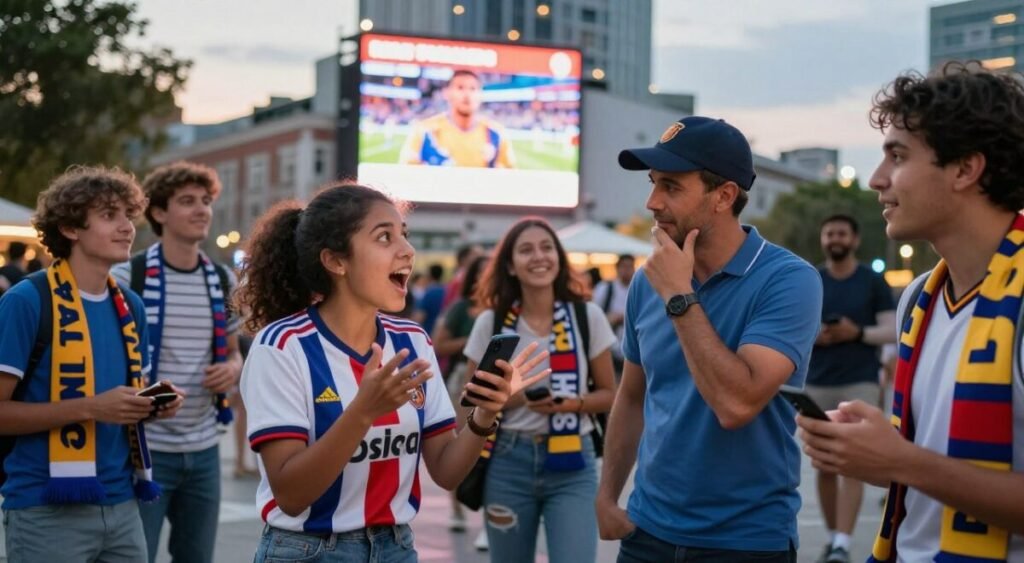 A vibrant scene depicting a diverse group of passionate soccer fans in a bustling city square, celebrating and discussing the recent news of a player transfer. In the foreground, a young woman in a trendy soccer jersey animatedly gestures while holding a smartphone, showcasing her excitement. Beside her, a middle-aged man in a casual polo shirt and cap nods thoughtfully, while a group of smiling friends in matching team scarves chat animatedly. In the background, a large digital billboard displays highlights of the player, illuminated by evening city lights. The atmosphere is electric, full of energy and anticipation, with twilight casting a warm glow over the scene. The perspective is slightly elevated, capturing the dynamic interaction among the fans while maintaining an inviting and engaging mood.