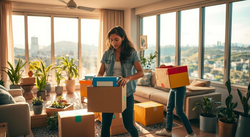 A vibrant scene of a cozy apartment in Belo Horizonte, showcasing a harmonious blend of modern and traditional elements. In the foreground, a stylish young couple, dressed in casual, fashionable outfits, unpacking colorful boxes and arranging home decor, exuding warmth and excitement. In the middle ground, a beautifully decorated living room filled with plants, artwork, and sunlight streaming through large windows, creating a cheerful ambiance. The background features a panoramic view of Belo Horizonte's skyline, with lush green hills. The lighting is soft and warm, suggesting a late afternoon setting, with a focus on creating an inviting and lively atmosphere that reflects the joy of starting a new life together. A vibrant scene of a cozy apartment in Belo Horizonte, showcasing a harmonious blend of modern and traditional elements. In the foreground, a stylish young couple, dressed in casual, fashionable outfits, unpacking colorful boxes and arranging home decor, exuding warmth and excitement. In the middle ground, a beautifully decorated living room filled with plants, artwork, and sunlight streaming through large windows, creating a cheerful ambiance. The background features a panoramic view of Belo Horizonte's skyline, with lush green hills. The lighting is soft and warm, suggesting a late afternoon setting, with a focus on creating an inviting and lively atmosphere that reflects the joy of starting a new life together.