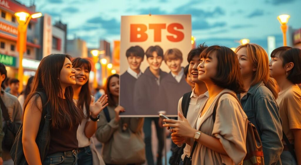 A vibrant scene that captures the essence of anticipation surrounding BTS's comeback teaser. In the foreground, a diverse group of young fans, dressed in casual yet stylish outfits, are joyfully discussing rumors and signs of the upcoming teaser, their expressions filled with excitement and hope. In the middle ground, a large poster of BTS in soft-focus showcases their iconic style, evoking a sense of nostalgia and anticipation. The background depicts a colorful cityscape at dusk, with warm golden lighting spilling from streetlamps, creating an inviting atmosphere. The overall mood is electric and hopeful, reflecting the enthusiasm of the fan community as they await the unveiling of something special. The scene is shot with a slight angle to emphasize the fans' engagement and excitement, creating a sense of depth and connection.