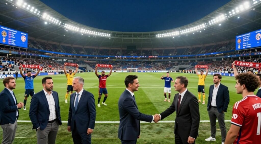 A vibrant soccer transfer market scene centered around a large soccer field, bustling with activity. In the foreground, a group of professional football agents in smart casual attire, discussing & shaking hands. In the middle ground, animated fans holding jerseys and scarves representing various clubs, capturing the excitement of player movements. The background features a stadium with bright floodlights illuminating the night sky, adding a dramatic ambiance. Surrounding the field, digital screens display player names and team logos, symbolizing the transfer negotiations. Use a wide-angle lens to capture the dynamic and lively atmosphere. The overall mood should be energetic and optimistic, reflecting the thrill of the transfer window.