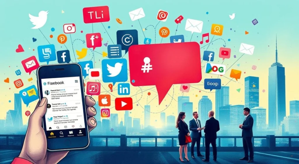 A vibrant social media landscape illustration, featuring a collage of diverse digital platforms such as Facebook, Twitter, Instagram, and streaming services, all interconnected. In the foreground, a stylized smartphone displaying social media notifications and trending hashtags, capturing a moment of online engagement. In the middle ground, a group of professional individuals in business attire engaged in a discussion, reflecting on the impact of social media on public perception. The background showcases a city skyline with subtle hints of social media icons blended into the architecture, symbolizing the pervasive influence of digital interactions. The overall atmosphere is dynamic and energetic, filled with bright colors and a sense of urgency, effectively conveying the concept of social media repercussion. The scene is illuminated with soft lighting, creating a modern and engaging visual appeal.