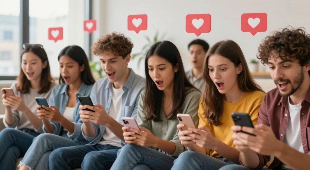 A vibrant social media scene depicting enthusiastic fans engaging with content on their devices. In the foreground, a diverse group of fans is captured, representing various ages and backgrounds, absorbed in their smartphones and tablets, wearing casual but stylish clothing. Their expressions are a mix of excitement and surprise, showcasing their reactions to news and updates. In the middle ground, floating notifications and likes are subtly illustrated, symbolizing online interactions and engagement. The background features a blurred cityscape, emphasizing a modern, digital atmosphere. The image is brightly lit with soft, warm lighting to create an inviting, positive mood. The angle is dynamic, capturing both the fans' expressions and the bustling environment around them. A vibrant social media scene depicting enthusiastic fans engaging with content on their devices. In the foreground, a diverse group of fans is captured, representing various ages and backgrounds, absorbed in their smartphones and tablets, wearing casual but stylish clothing. Their expressions are a mix of excitement and surprise, showcasing their reactions to news and updates. In the middle ground, floating notifications and likes are subtly illustrated, symbolizing online interactions and engagement. The background features a blurred cityscape, emphasizing a modern, digital atmosphere. The image is brightly lit with soft, warm lighting to create an inviting, positive mood. The angle is dynamic, capturing both the fans' expressions and the bustling environment around them.