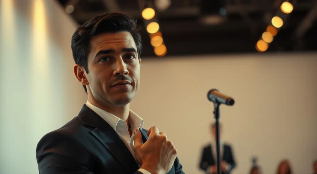 A well-dressed Zezé Di Camargo, capturing his confident essence, stands in a softly lit environment. The foreground features a close-up of him with an engaging expression, perhaps with one hand on his chin, suggesting deep thought. In the middle, there are blurred outlines of a microphone and a small audience, indicating an intimate setting where he might be making a declaration. The background consists of subtle hints of a stage with warm golden lights creating an inviting atmosphere. The overall mood is reflective and candid, conveying the significance of his statements, with an emphasis on his charisma and professionalism, dressed in a smart suit, evoking a sense of impactful immediacy.