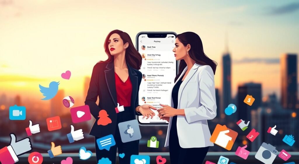 An artistic representation capturing the essence of social media reactions. In the foreground, a stylized digital representation of various social media icons, such as likes, shares, and comments, floats around vibrant illustrations of two modern, stylishly dressed women discussing. They should exude a subtle elegance, wearing professional business attire, emphasizing their discreet approach online. In the middle, a backdrop of a blurred smartphone screen displaying trending hashtags related to their lives. The background features an abstract city skyline during twilight, suggesting a lively urban environment. The lighting should have a warm, inviting glow, creating an engaging atmosphere that reflects the dynamic yet restrained nature of online discourse. The overall mood is modern and contemplative, with a focus on the interplay between celebrity life and public perception. An artistic representation capturing the essence of social media reactions. In the foreground, a stylized digital representation of various social media icons, such as likes, shares, and comments, floats around vibrant illustrations of two modern, stylishly dressed women discussing. They should exude a subtle elegance, wearing professional business attire, emphasizing their discreet approach online. In the middle, a backdrop of a blurred smartphone screen displaying trending hashtags related to their lives. The background features an abstract city skyline during twilight, suggesting a lively urban environment. The lighting should have a warm, inviting glow, creating an engaging atmosphere that reflects the dynamic yet restrained nature of online discourse. The overall mood is modern and contemplative, with a focus on the interplay between celebrity life and public perception.
