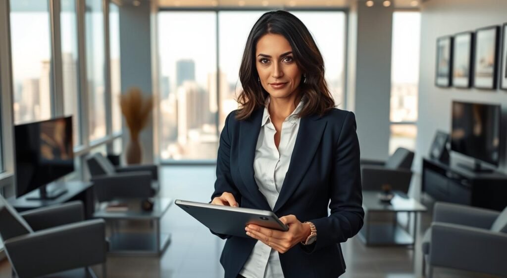 Daniela Beyruti standing confidently in a bright, modern office environment that reflects her family's legacy in Brazilian media. She has shoulder-length dark hair and is wearing a tailored navy blazer over a crisp white blouse, exuding professionalism and poise. The foreground features Daniela engaging with a digital tablet, displaying charts related to her family's business. In the middle ground, sleek furniture and a large window reveal a cityscape bathed in natural light, creating an uplifting atmosphere. The background hints at elements of her family's television influence, such as framed memorabilia on the walls. The mood is serious yet inspiring, emphasizing Daniela's role in navigating public discourse and family heritage.