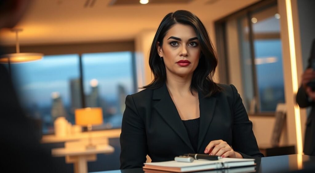 Flávia Saraiva, a poised young woman in professional business attire, stands confidently in a contemporary office setting. She has dark hair styled neatly, with a thoughtful expression as she addresses a small group of journalists. The background features modern office decor with warm lighting and a large window showing a cityscape at dusk, casting a soft glow. In the foreground, blurred slightly, a notepad and pen sit on a table, indicating a press conference atmosphere. The mood is serious yet hopeful, capturing the moment of her breaking the silence amidst swirling rumors. The image is shot with a shallow depth of field, emphasizing Flávia while gently blurring distractions in the background.