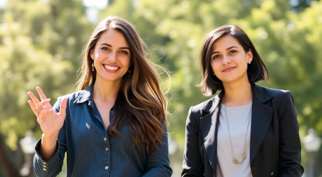 Giulia Costa and Bia Bonemer, two young women in their twenties, stand confidently in a sunlit park, breaking the silence around recent rumors. Both are dressed in stylish yet modest casual clothing, embodying a relaxed but professional vibe. Giulia, with long brown hair and a warm smile, gestures expressively while looking directly at the viewer, conveying openness. Bia, with short dark hair, stands beside her, nodding in agreement, exuding a supportive presence. The background features soft, blurred greenery, capturing the essence of a serene afternoon. The lighting is bright and natural, casting gentle shadows that add depth. The mood is inviting and sincere, focusing on their relaxed yet earnest conversation.