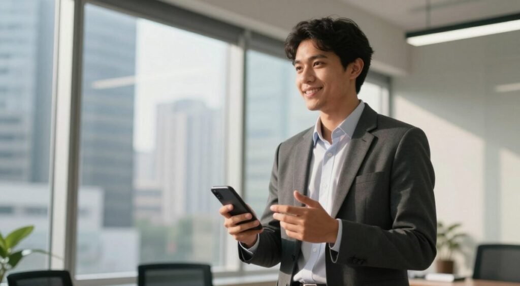 Lulinha, a young man in his early thirties, stands confidently in a modern office environment, dressed in professional business attire. He has a warm smile and is holding a smartphone in one hand, while gesturing expressively with the other. In the background, a blurred view of a bustling cityscape through large glass windows suggests a dynamic urban atmosphere. Soft, natural light filters in, casting gentle shadows that create an inviting mood. The lens is angled slightly from a low perspective, emphasizing Lulinha's stature and poise. The scene is designed to evoke a sense of professionalism and ambition, ideal for an article focused on political discussions and familial connections within a contemporary context.