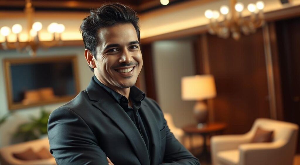 Zezé Di Camargo, a well-known Brazilian singer, stands confidently in a professional setting, dressed in a smart, stylish blazer and fitted shirt. In the foreground, he is engaging with the camera, smiling warmly to convey a positive and approachable demeanor. His trademark hairstyle and well-groomed appearance reflect his celebrity status. The middle ground features a subtle hint of an elegant room with soft focus, including plush seating and tasteful décor, suggesting a media interview or public appearance. The background is softly illuminated, with warm lighting that casts a flattering glow, enhancing the inviting atmosphere. The overall mood is one of professionalism and charisma, capturing Zezé's public persona as he addresses important issues.