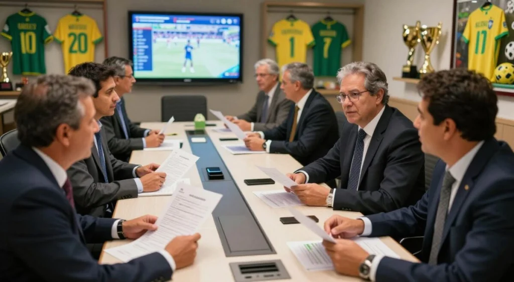 A bustling Brazilian football transfer market scene, capturing the excitement and energy of club representatives in a dynamic negotiation. In the foreground, several business people in professional attire are engaged in intense discussions, holding contracts and player statistics. The middle ground showcases a large, well-lit meeting table with digital screens displaying player profiles. In the background, football memorabilia like jerseys and trophies decorate the room, enhancing the football atmosphere. The lighting is bright, highlighting the urgency of the negotiations, with a slight lens blur on the background to focus on the subjects. The overall mood is intense and vibrant, reflecting the fast-paced world of football transfers.