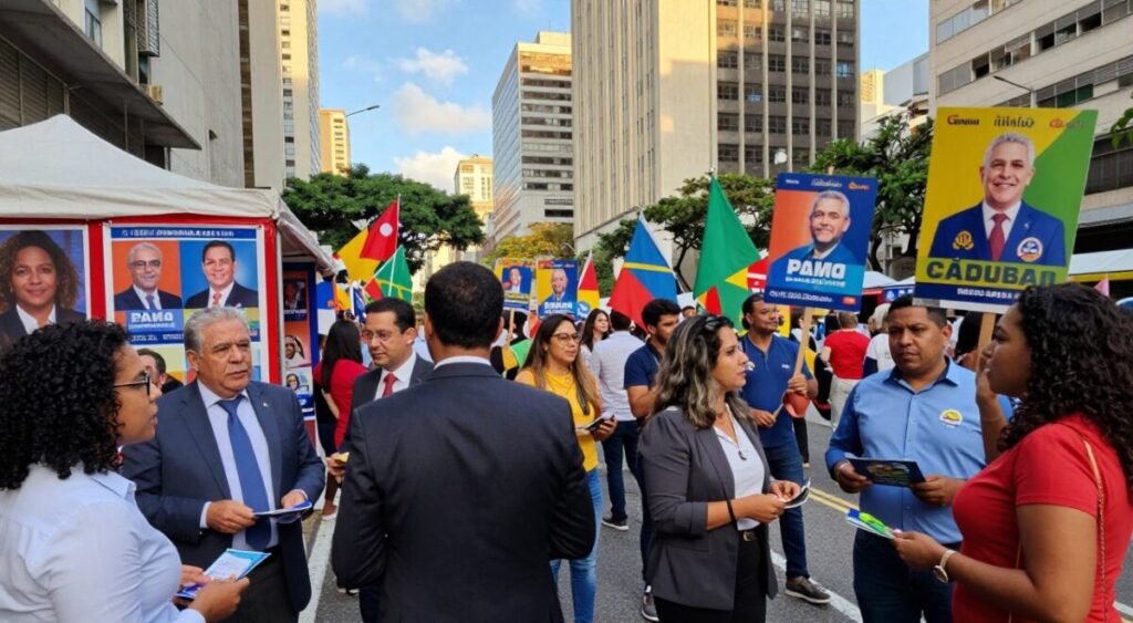 A bustling street scene in São Paulo during election season, filled with diverse people of various ethnicities wearing professional business attire, engaged in lively discussions. In the foreground, a group of enthusiastic citizens holds colorful campaign signs advocating for a candidate, with a prominent depiction of their logo. The middle ground showcases decorated stalls featuring posters of political candidates, vibrant banners, and flags, while people exchange opinions and share pamphlets. In the background, iconic São Paulo skyscrapers stretch into the blue sky, symbolizing the city’s significance. The lighting is warm and inviting, capturing a hopeful atmosphere. The scene is shot from a slightly elevated angle, providing a panoramic view of the vibrant urban landscape infused with a sense of democratic participation.