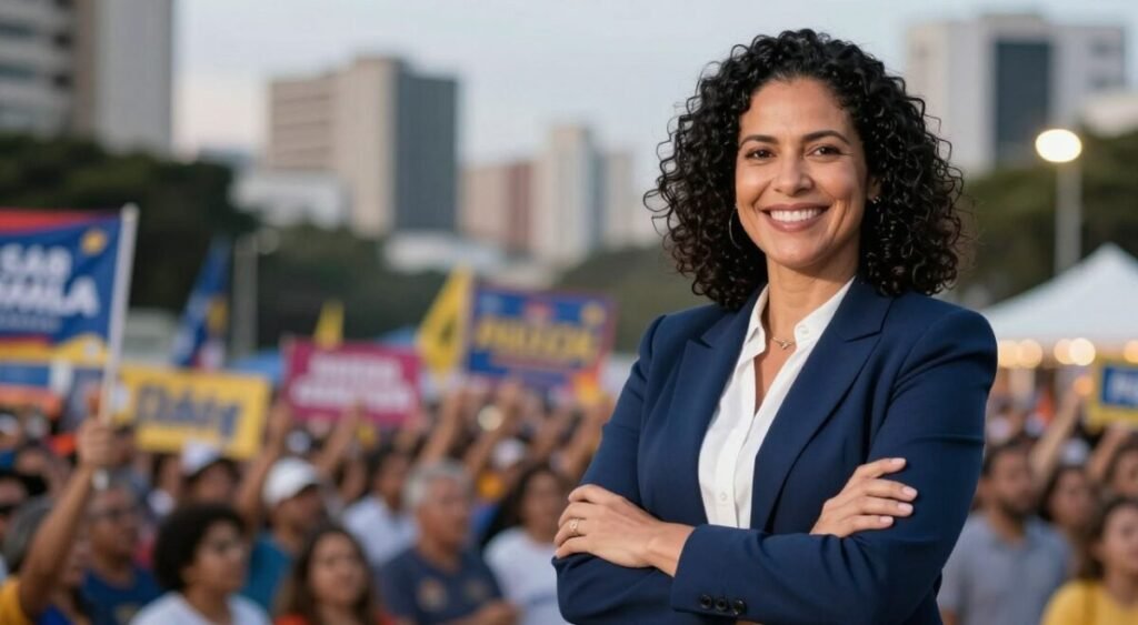 A confident Marina Silva stands in a professional pose, wearing a tailored navy-blue blazer and white blouse. She has shoulder-length curly black hair and is smiling warmly, exuding strength and approachability. In the foreground, her figure is slightly turned to the left, with her arms crossed, suggesting determination. The middle ground features a blurred image of a political rally, with colorful banners and a diverse crowd showing support. The background is a softly lit urban scene, hinting at São Paulo’s skyline at dusk, creating a sense of urgency and energy in the political landscape. The lighting is warm and flattering, illuminating her face, while the overall mood conveys hope and empowerment in the midst of political complexity.