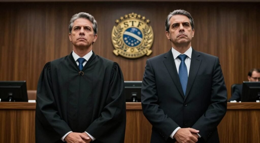A courtroom scene featuring a prominent Brazilian politician, visibly assertive yet composed, standing before a judge in a formal setting. The judge, dressed in a traditional black robe, presides with a critical yet contemplative expression, symbolizing authority. The background shows an elegant courtroom with wooden paneling and a large, emblematic seal of the Supreme Federal Court of Brazil (STF) prominently displayed. Soft, focused lighting highlights the politicians’ serious demeanor while creating a dramatic contrast with the shadows in the room. The atmosphere conveys tension yet professionalism, reflecting a pivotal legal moment. The lens is set to a slightly low angle to emphasize the stature of the figures involved, creating a somber and respectful mood in the image.