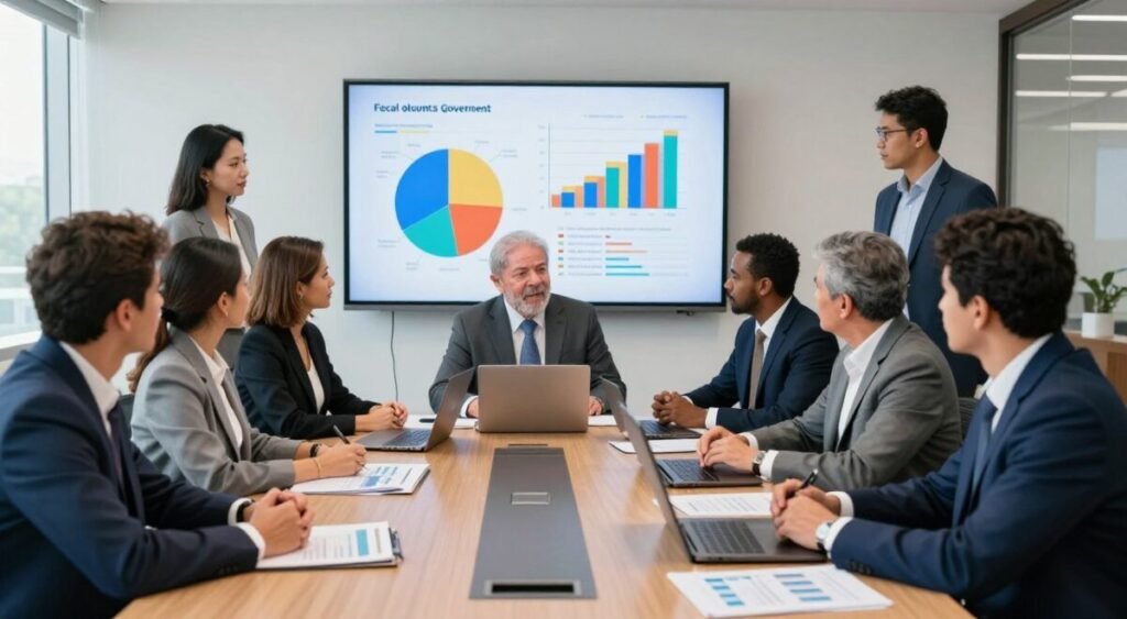 A detailed illustration depicting an analytical meeting focused on the fiscal outcomes of Lula's government. In the foreground, a diverse group of professionals in business attire—men and women of various ethnicities—are engaged in discussion around a conference table with financial reports and laptops open. The middle ground features a large screen displaying colorful graphs and charts that represent sectoral impacts on public accounts. In the background, a modern office environment with large windows allowing natural light to flood in, creating a vibrant and focused atmosphere. The lighting is bright but soft, highlighting the serious yet collaborative mood of the scene, emphasizing teamwork and analysis in a professional setting.