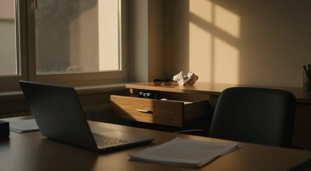A dimly lit, elegantly styled office space serves as the backdrop, with soft shadows creating a mysterious atmosphere. In the foreground, a sleek desk is adorned with a closed laptop and a few scattered documents, hinting at confidential discussions. In the middle ground, a partially open drawer reveals a pair of sunglasses and a crumpled piece of paper, suggesting secrets that remain untold. A large window filters warm, golden light into the scene, casting intriguing shapes on the walls. The mood is contemplative and slightly tense, embodying the essence of a hidden relationship. The composition captures a sense of intimacy and confidentiality, emphasizing the theme of a secretive ending, all rendered in realistic detail without human figures or text overlays.