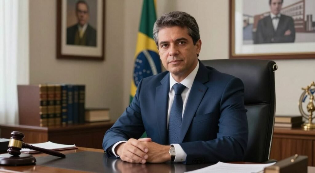 A distinguished male figure portraying Alexandre de Moraes, sitting confidently at a polished wooden desk in an elegant office setting. He is dressed in a tailored navy suit with a crisp white shirt and a sophisticated tie, embodying the essence of professionalism and authority. The office is adorned with legal books and framed photographs of significant court rulings, hinting at his judicial background. Soft, warm lighting creates an inviting atmosphere, while natural light from a nearby window softly illuminates his face, highlighting his thoughtful expression. In the background, subtle hints of the Brazilian flag and a gavel can be seen, emphasizing his role in the judicial system. The overall mood conveys respect and gravitas, suitable for a serious discussion about his influence and the criticisms he faces. A distinguished male figure portraying Alexandre de Moraes, sitting confidently at a polished wooden desk in an elegant office setting. He is dressed in a tailored navy suit with a crisp white shirt and a sophisticated tie, embodying the essence of professionalism and authority. The office is adorned with legal books and framed photographs of significant court rulings, hinting at his judicial background. Soft, warm lighting creates an inviting atmosphere, while natural light from a nearby window softly illuminates his face, highlighting his thoughtful expression. In the background, subtle hints of the Brazilian flag and a gavel can be seen, emphasizing his role in the judicial system. The overall mood conveys respect and gravitas, suitable for a serious discussion about his influence and the criticisms he faces.