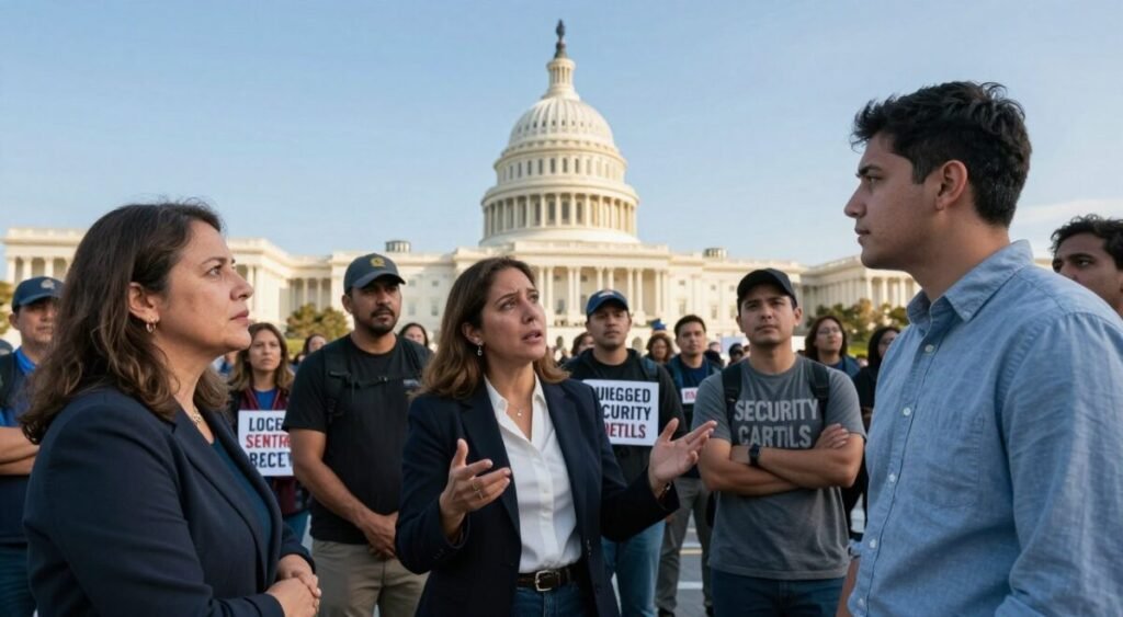A diverse group of concerned citizens standing in front of a government building in Washington, D.C. They are engaged in animated discussions, reflecting a mix of emotions such as worry, curiosity, and determination. In the foreground, a middle-aged woman in business attire gestures passionately, while a young man in a casual button-up shirt listens intently. The middle ground features a small crowd with signs advocating for increased security measures against cartels. In the background, the iconic U.S. Capitol building looms under a clear blue sky, symbolizing the center of governmental decisions. Soft sunlight bathes the scene, creating a warm but tense atmosphere, highlighting the seriousness of the topic. The image captures a pivotal moment of civic engagement and reaction to national security concerns.