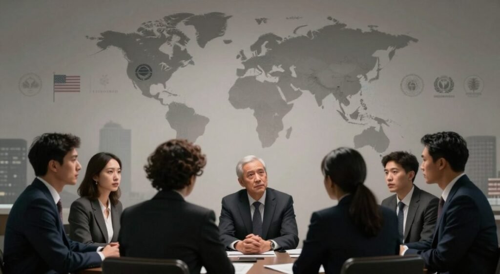 A divided globe with the United States isolated on one side, symbolizing the withdrawal from international organizations. In the foreground, a group of diverse business professionals in formal attire engage in a discussion, with concerned expressions reflecting the economic impact. The middle ground features symbols of various international organizations, like flags and logos, fading into the background, illustrating their diminished influence. Soft, dramatic lighting highlights the tension in the atmosphere, while a muted color palette evokes a sense of uncertainty. The angle is slightly low, giving prominence to the professionals, capturing their thoughts and implications of the withdrawal. The background should include a blurred city skyline, symbolizing the global reach of the economy.