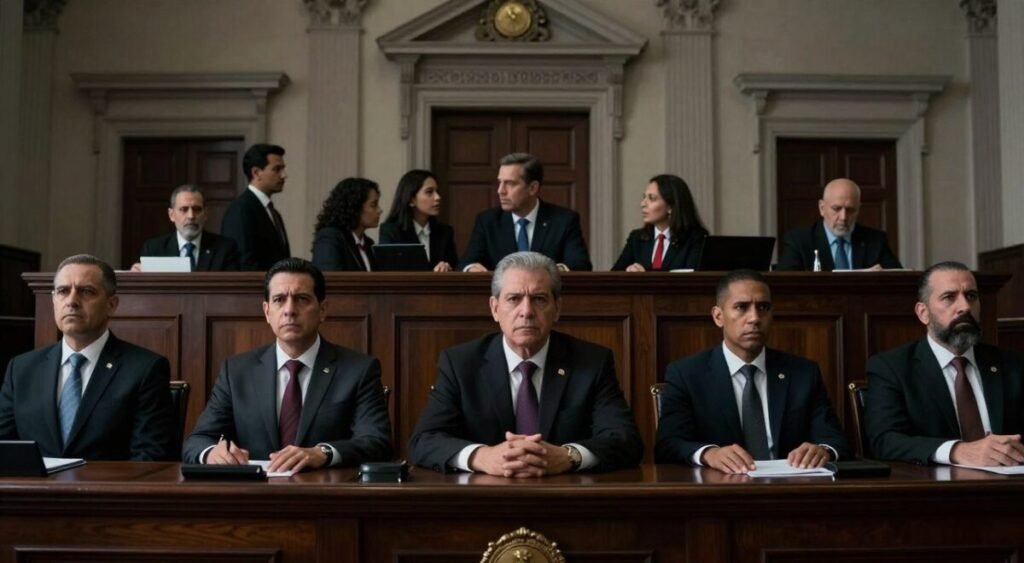 A dramatic courtroom scene depicting the current political tension in Venezuela. In the foreground, a group of serious-looking judges in professional business attire, sitting at a grand wooden bench, with somber expressions conveying urgency and concern. In the middle ground, lawyers and representatives of the state engaging in tense discussions, showcasing a sense of unease. The background features the ornate architecture of the Supreme Court, illuminated by somber lighting, casting deep shadows to enhance the atmosphere of secrecy and impending action. The composition is viewed from a low angle to emphasize the authority of the judges, creating a mood of uncertainty and political unrest. The color palette is muted, reflecting the serious nature of the situation.