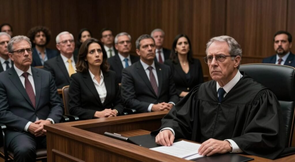 A dramatic courtroom scene depicting the tense moment of a legal decision by a judge. In the foreground, a stern judge, resembling a figure analogous to Alexandre de Moraes, is seated at a high bench, wearing formal judicial robes. The middle ground features a diverse group of legal professionals in business attire, with expressions of shock and concern, reacting to the judge's ruling. In the background, a packed courtroom is visible, with expressions of anticipation and unease on the faces of onlookers. The lighting is dramatic, with shadows highlighting the judge's serious demeanor, creating an atmosphere of tension and gravity. The angle is slightly elevated, showcasing the authority of the judge and the weight of the proceedings.