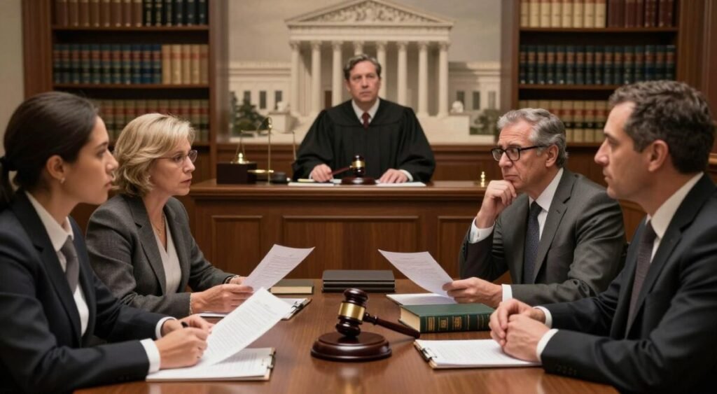 A dramatic courtroom scene highlighting a legal discussion on justice and condemnation revision. In the foreground, a diverse group of legal professionals in formal business attire, passionately debating over legal documents and books, with expressions of determination and concern. The middle ground features a large, imposing judge's bench, with a gavel prominently displayed, symbolizing authority. The background showcases shelves filled with legal texts and a faded image of the Supreme Court building, representing the context of the debate. The lighting is warm and focused, with soft highlights illuminating the faces of the participants, creating an atmosphere of serious contemplation. The angle is slightly elevated, giving a sense of importance to the legal proceedings unfolding.