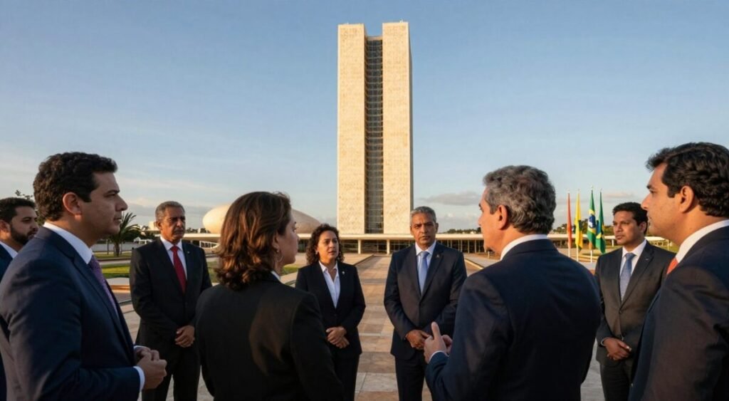 A dramatic scene at the heart of Brasília, showcasing the iconic Palácio do Planalto and the Supreme Federal Court in the background, symbolizing political power. In the foreground, a diverse group of politicians in professional business attire, engaged in intense discussions, highlighting the urgency of political repercussions. The composition should convey a sense of urgency and tension, with evening sunlight casting long shadows and creating a golden glow. Capture the atmosphere of a bustling political environment, with subtle hints of Brazilian flags and national symbols incorporated in the setting. Use a wide-angle lens to emphasize the grandeur of the architecture and the animated gestures of the politicians, reflecting the mood of a critical moment in the Brazilian political landscape.