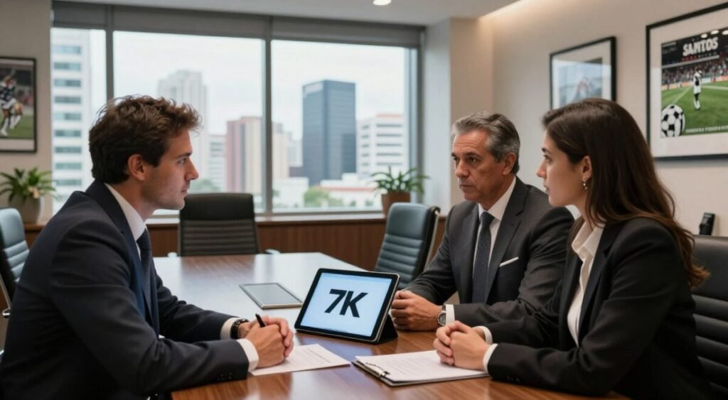 A dramatic scene depicting a professional meeting between executives in a modern boardroom, focused on contract negotiations. In the foreground, two suited business people, one male and one female, are engaged in a serious discussion over a digital tablet displaying the logo of 7K. In the middle ground, a large window reveals the vibrant cityscape of Santos, hinting at the potential future of the football club’s sponsorship. The background features sleek furniture and framed sports memorabilia on the walls, creating a dynamic atmosphere of corporate partnership. Soft, warm lighting illuminates the room, reflecting a sense of optimism and historical significance in the air. The camera angle is slightly angled from the side to capture both the executives' expressions and the view of the city.