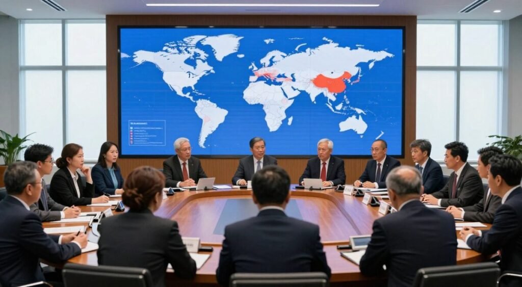 A dramatic scene depicting a roundtable discussion in a grand, modern conference room illustrating international political implications. In the foreground, diverse diplomats in professional business attire are engaged in serious conversation, with expressions of determination and concern. In the middle, a large digital screen displays a world map with highlighted countries to emphasize geopolitical tensions. The background features large windows, allowing natural light to flood the room, creating a bright yet serious atmosphere. The mood should convey urgency and significance in global politics, with soft shadows to enhance depth. Use a wide-angle perspective to capture the dynamics of the meeting, highlighting the interconnectedness of international relations.