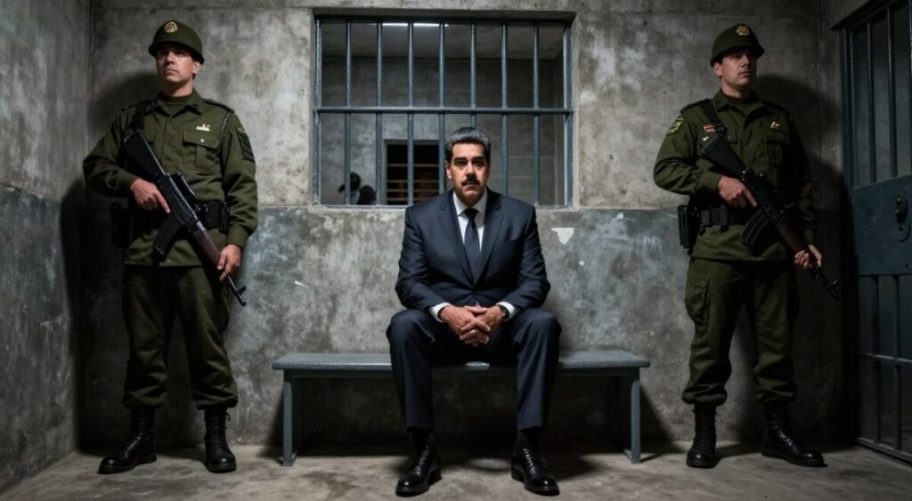 A dramatic scene depicting the imprisonment of Nicolás Maduro in a stark, concrete prison cell. In the foreground, a solemn Maduro, dressed in a tailored dark suit, sits on a simple bench, his expression a mixture of defiance and contemplation. He is flanked by two stern-looking guards in military uniforms, holding rifles, emphasizing the high-security environment. The middle ground includes cold, gray walls with barred windows filtering in dim, harsh light, casting shadows across the floor, creating a sense of isolation. In the background, faint sounds of distant unrest can be inferred. The mood is tense and oppressive, highlighting the gravity of the situation. Shot from a low-angle perspective to enhance the sense of confinement, with dramatic chiaroscuro lighting. A dramatic scene depicting the imprisonment of Nicolás Maduro in a stark, concrete prison cell. In the foreground, a solemn Maduro, dressed in a tailored dark suit, sits on a simple bench, his expression a mixture of defiance and contemplation. He is flanked by two stern-looking guards in military uniforms, holding rifles, emphasizing the high-security environment. The middle ground includes cold, gray walls with barred windows filtering in dim, harsh light, casting shadows across the floor, creating a sense of isolation. In the background, faint sounds of distant unrest can be inferred. The mood is tense and oppressive, highlighting the gravity of the situation. Shot from a low-angle perspective to enhance the sense of confinement, with dramatic chiaroscuro lighting.