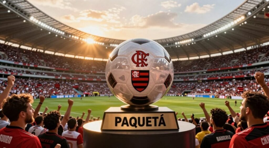 A dramatic scene showcasing a symbolic representation of the record transfer value of Paquetá to Flamengo. In the foreground, a gleaming soccer ball emblazoned with the Flamengo logo sits atop an elegant pedestal marked with the record transfer amount in bold lettering. The middle ground features an elaborately designed stadium filled with excited fans, their faces expressing eagerness and hope. In the background, a sunset casts a warm, golden light over the stadium, creating an atmosphere of anticipation and celebration. The image should reflect a vibrant and dynamic mood, with vivid colors and sharp details. Use a slight low-angle perspective to emphasize the grandeur of the scene, capturing the essence of football in Brazil. A dramatic scene showcasing a symbolic representation of the record transfer value of Paquetá to Flamengo. In the foreground, a gleaming soccer ball emblazoned with the Flamengo logo sits atop an elegant pedestal marked with the record transfer amount in bold lettering. The middle ground features an elaborately designed stadium filled with excited fans, their faces expressing eagerness and hope. In the background, a sunset casts a warm, golden light over the stadium, creating an atmosphere of anticipation and celebration. The image should reflect a vibrant and dynamic mood, with vivid colors and sharp details. Use a slight low-angle perspective to emphasize the grandeur of the scene, capturing the essence of football in Brazil.